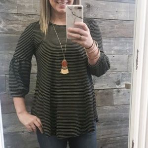Navy and yellow striped 3/4 sleeve top
